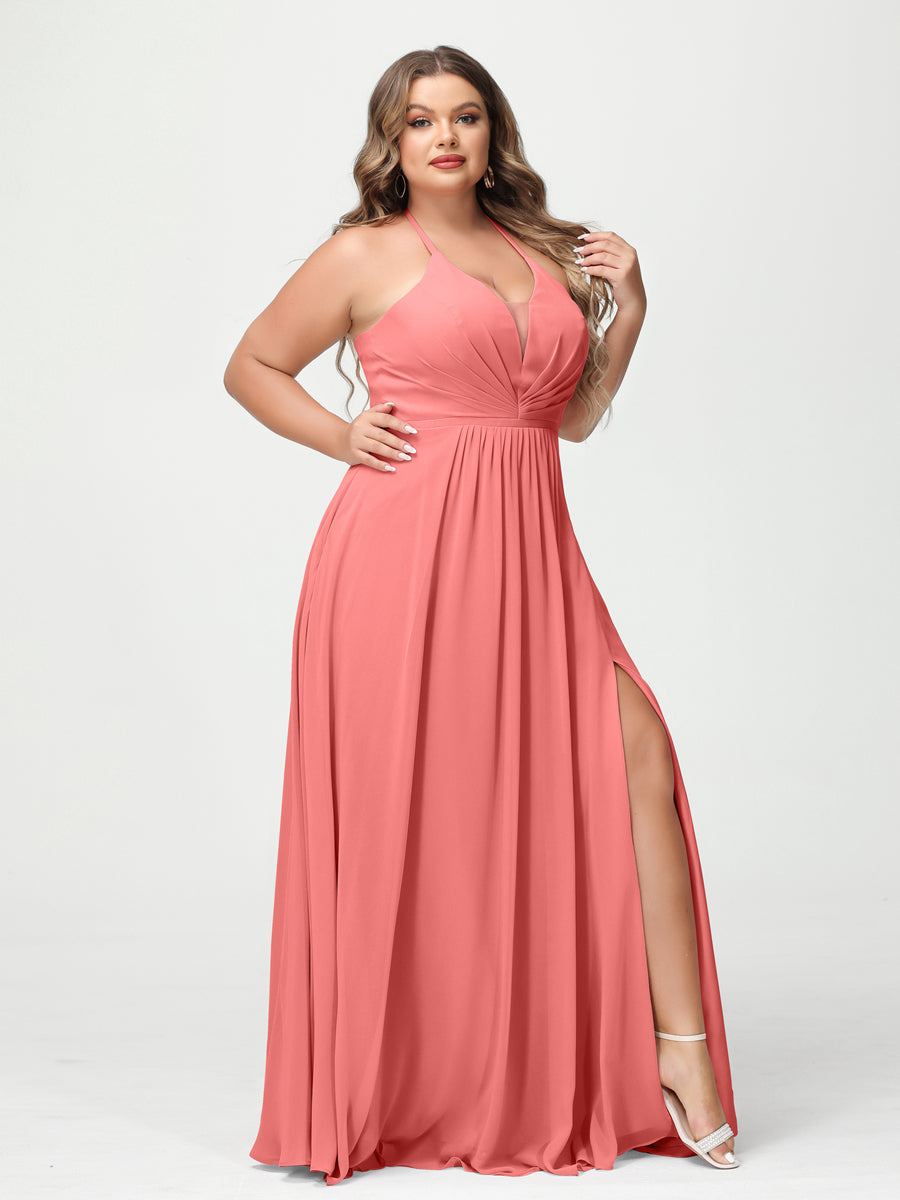 A-Line/Princess Halter Sleeveless Chiffon Ruched Split Side Plus Size Bridesmaid Dresses with Pockets Coral