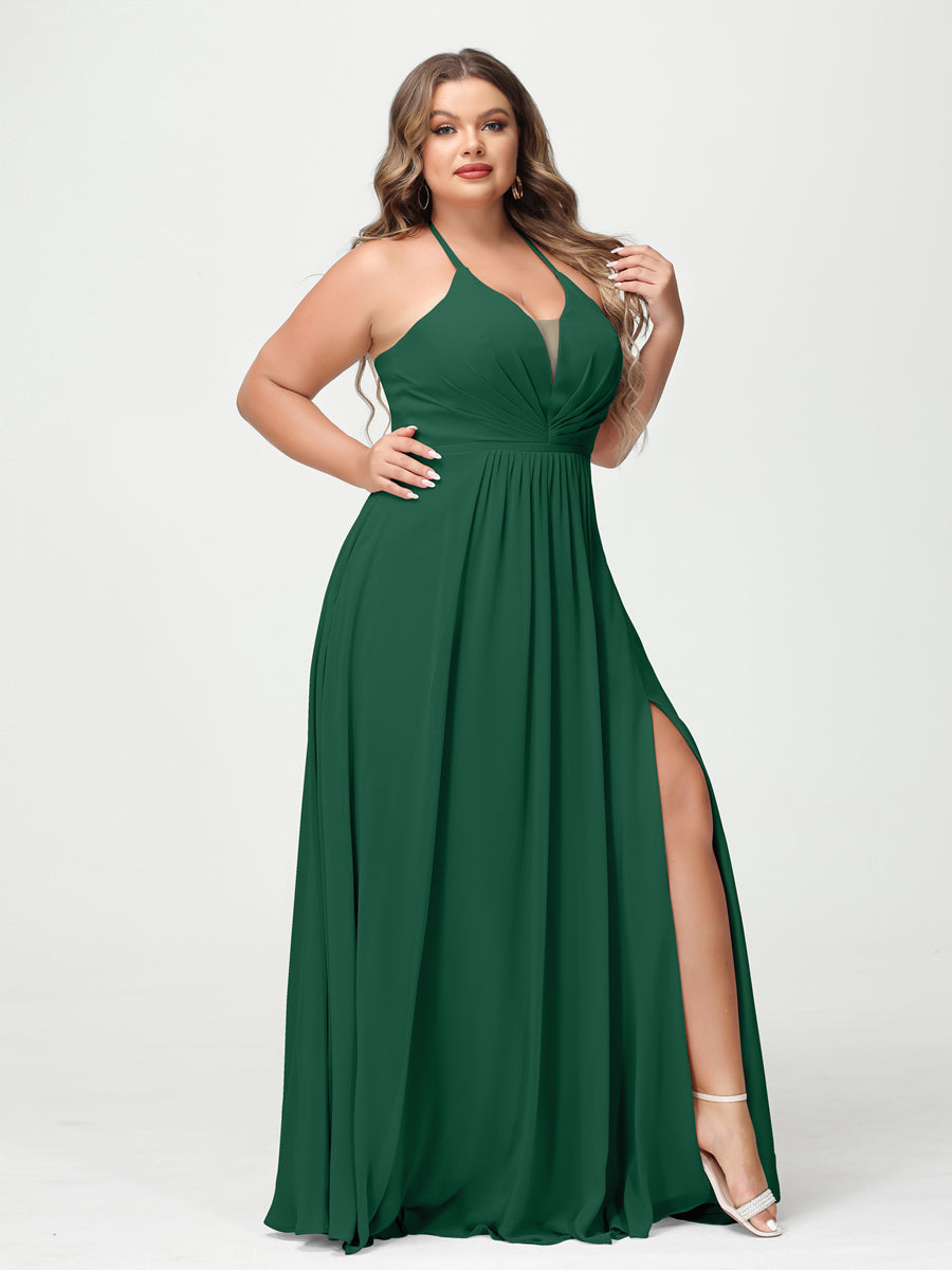 A-Line/Princess Halter Sleeveless Chiffon Ruched Split Side Plus Size Bridesmaid Dresses with Pockets Dark Green