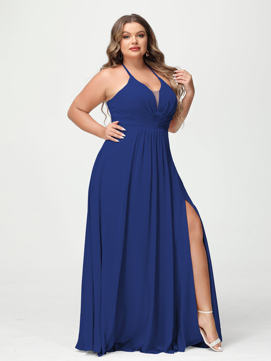 A-Line/Princess Halter Sleeveless Chiffon Ruched Split Side Plus Size Bridesmaid Dresses with Pockets Dark Royal Blue
