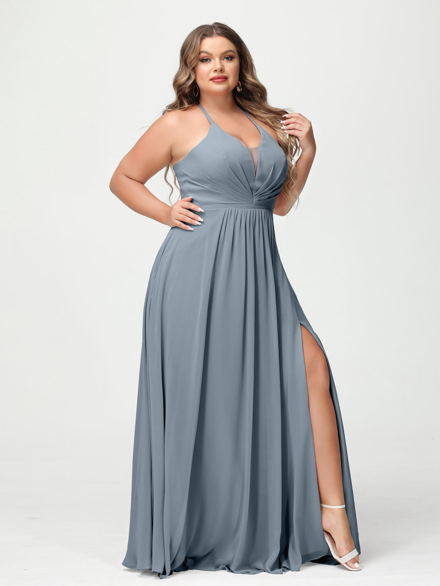 A-Line/Princess Halter Sleeveless Chiffon Ruched Split Side Plus Size Bridesmaid Dresses with Pockets Dusty Blue