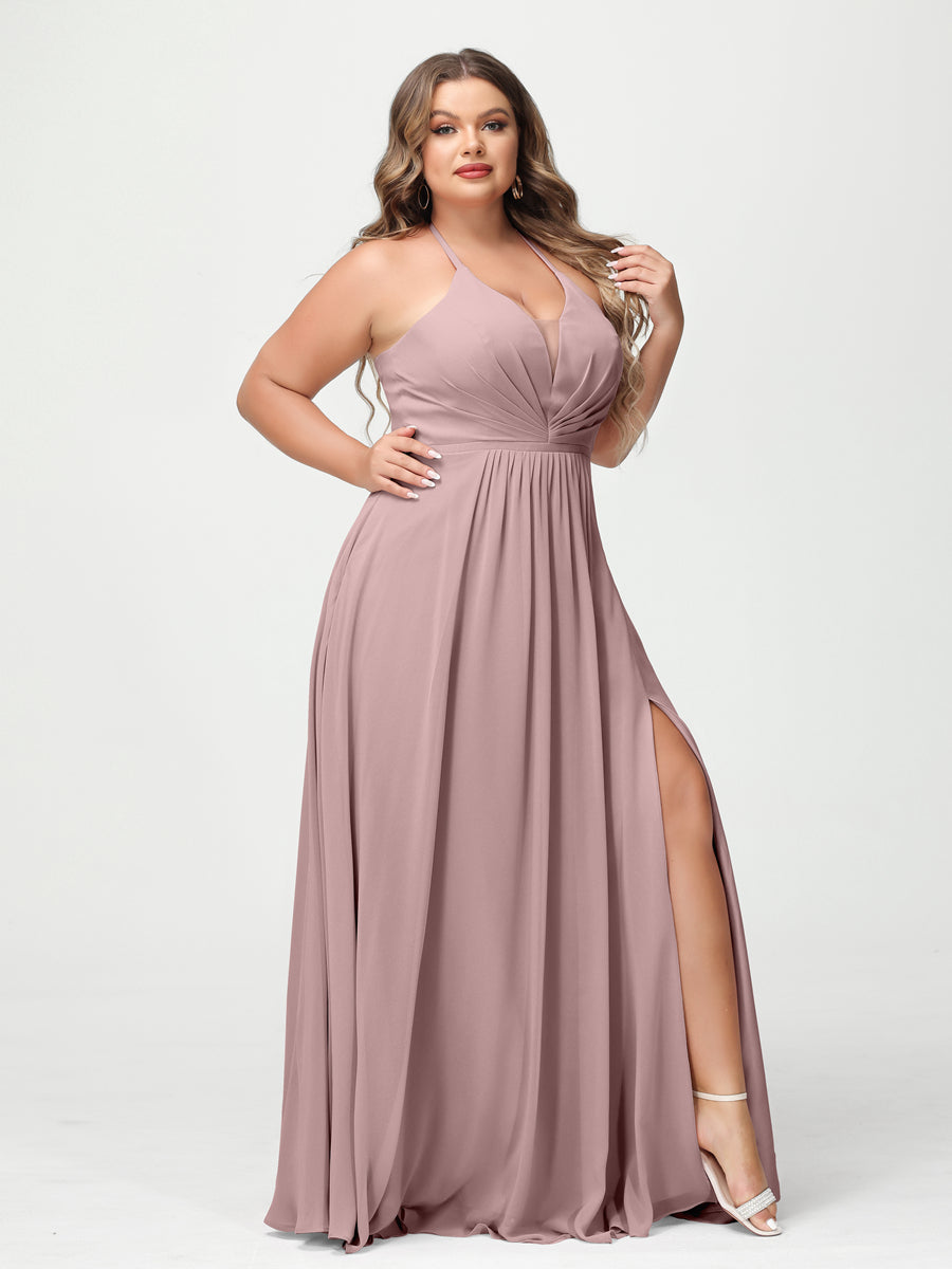 A-Line/Princess Halter Sleeveless Chiffon Ruched Split Side Plus Size Bridesmaid Dresses with Pockets Dusty Pink
