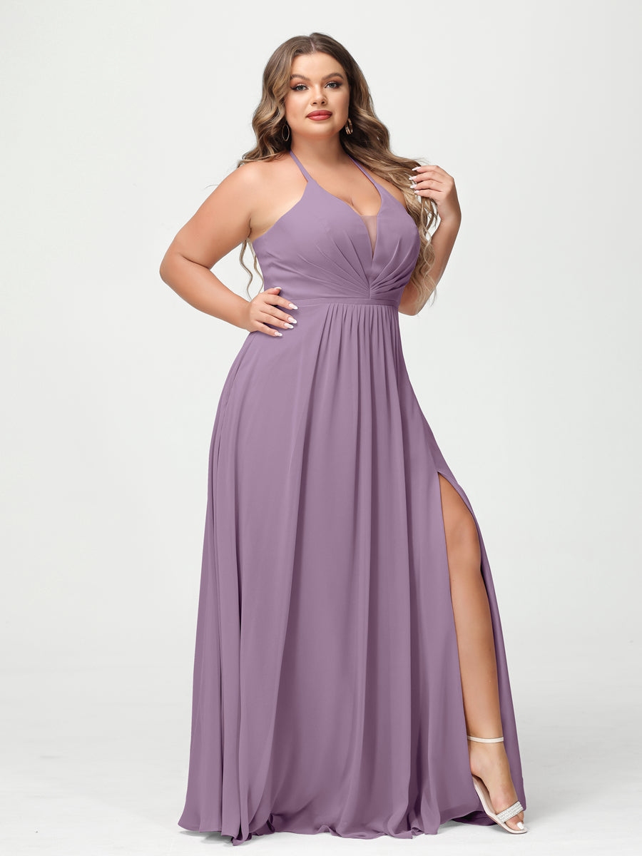 A-Line/Princess Halter Sleeveless Chiffon Ruched Split Side Plus Size Bridesmaid Dresses with Pockets Dusty Purple