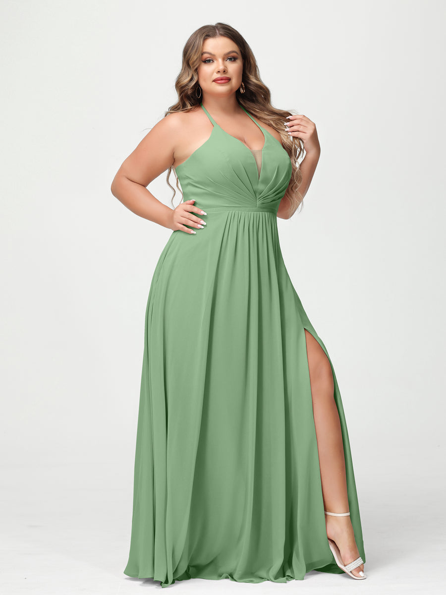 A-Line/Princess Halter Sleeveless Chiffon Ruched Split Side Plus Size Bridesmaid Dresses with Pockets Dusty Sage