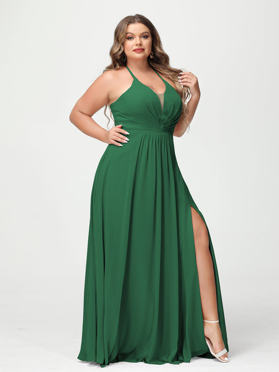 A-Line/Princess Halter Sleeveless Chiffon Ruched Split Side Plus Size Bridesmaid Dresses with Pockets Emerald