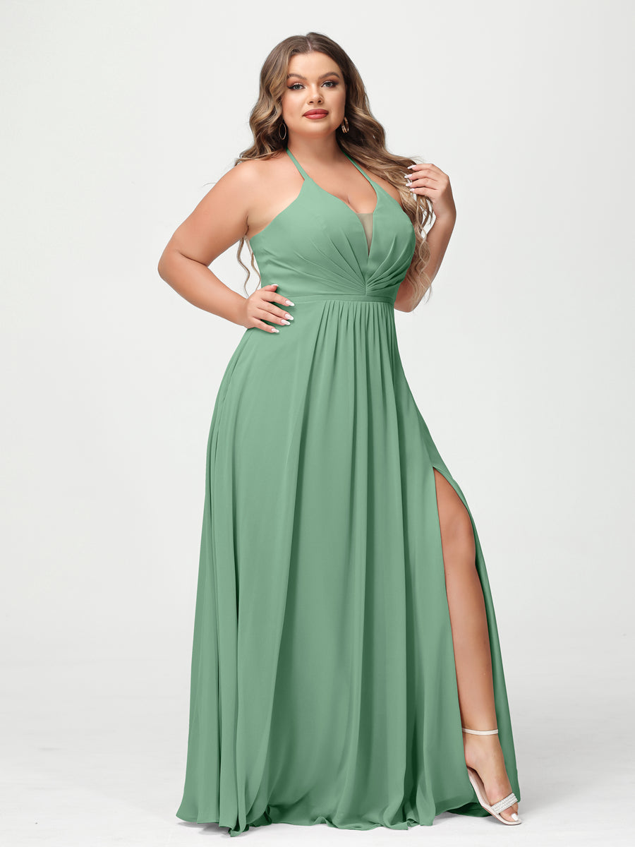 A-Line/Princess Halter Sleeveless Chiffon Ruched Split Side Plus Size Bridesmaid Dresses with Pockets Eucalyptus