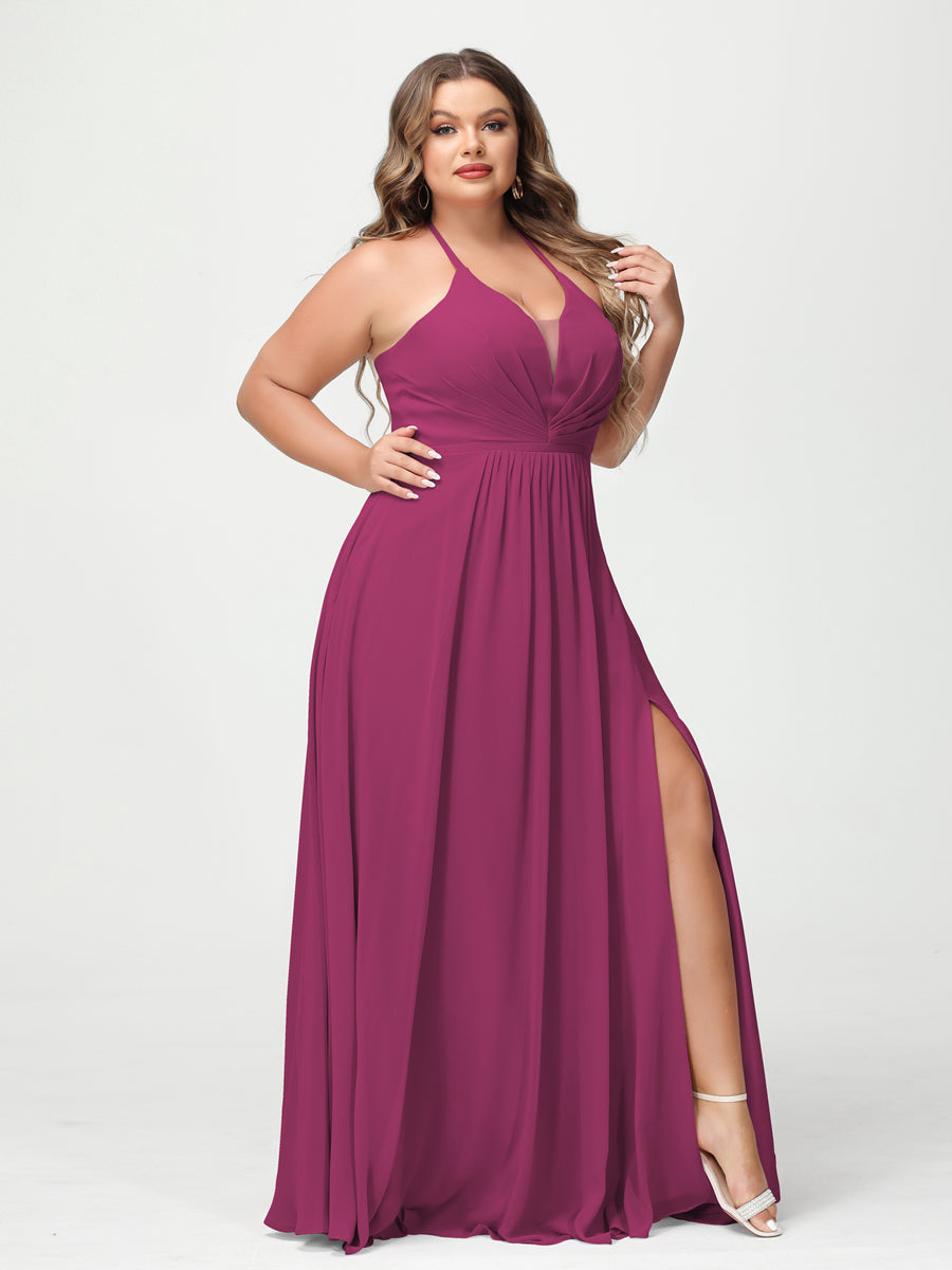 A-Line/Princess Halter Sleeveless Chiffon Ruched Split Side Plus Size Bridesmaid Dresses with Pockets Fuchsia