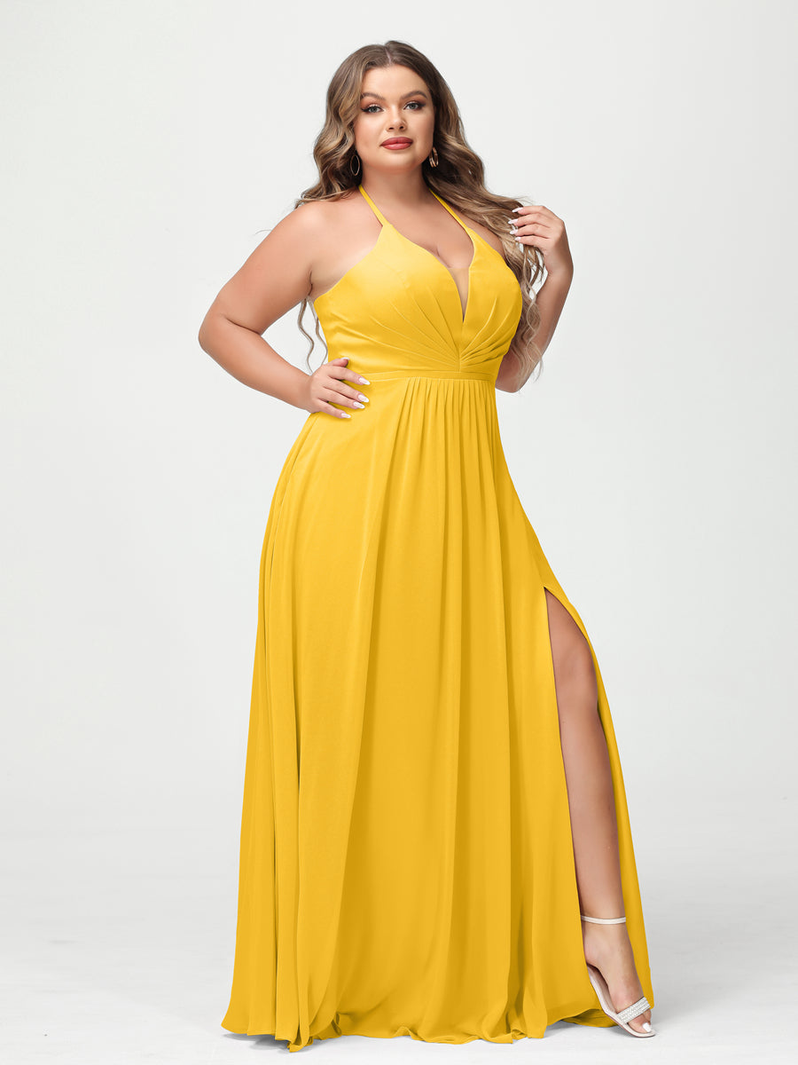 A-Line/Princess Halter Sleeveless Chiffon Ruched Split Side Plus Size Bridesmaid Dresses with Pockets Gold