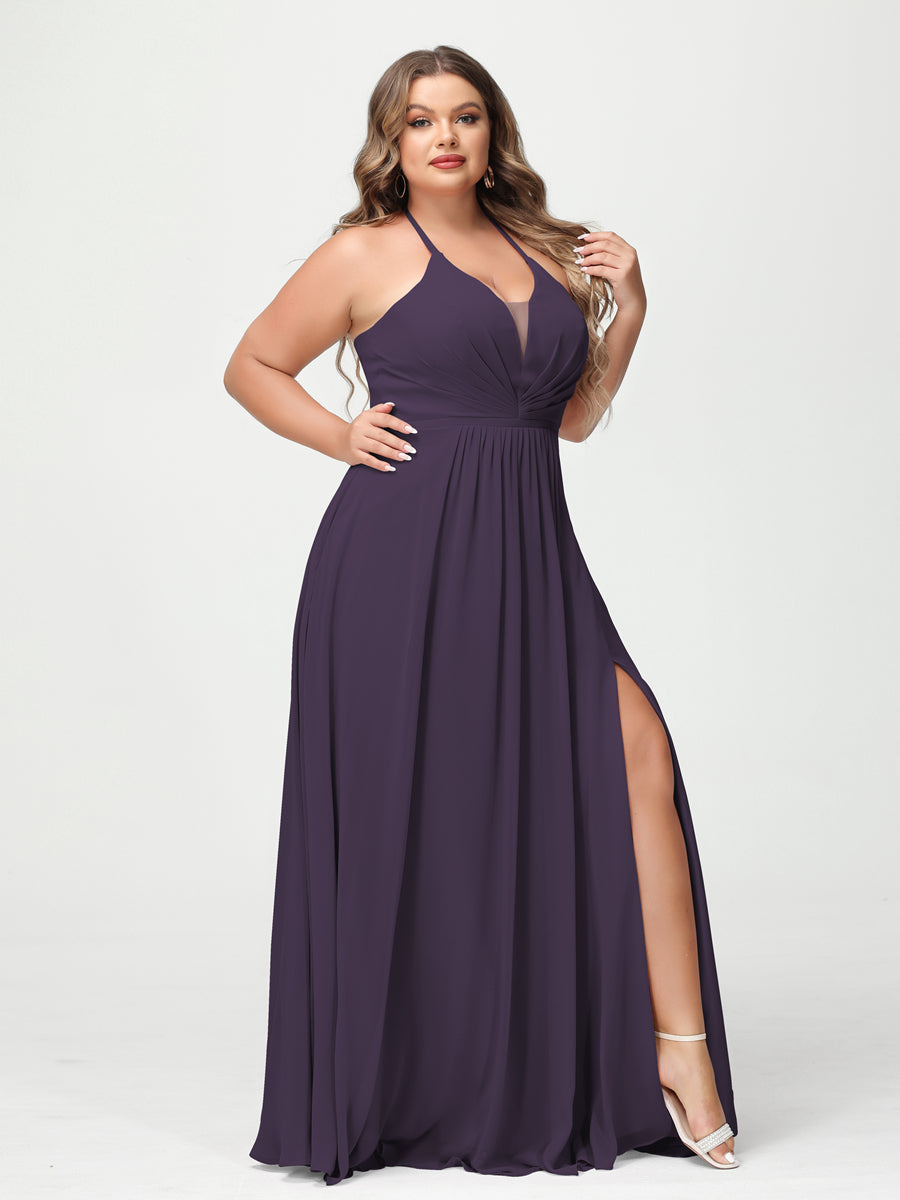 A-Line/Princess Halter Sleeveless Chiffon Ruched Split Side Plus Size Bridesmaid Dresses with Pockets Grape