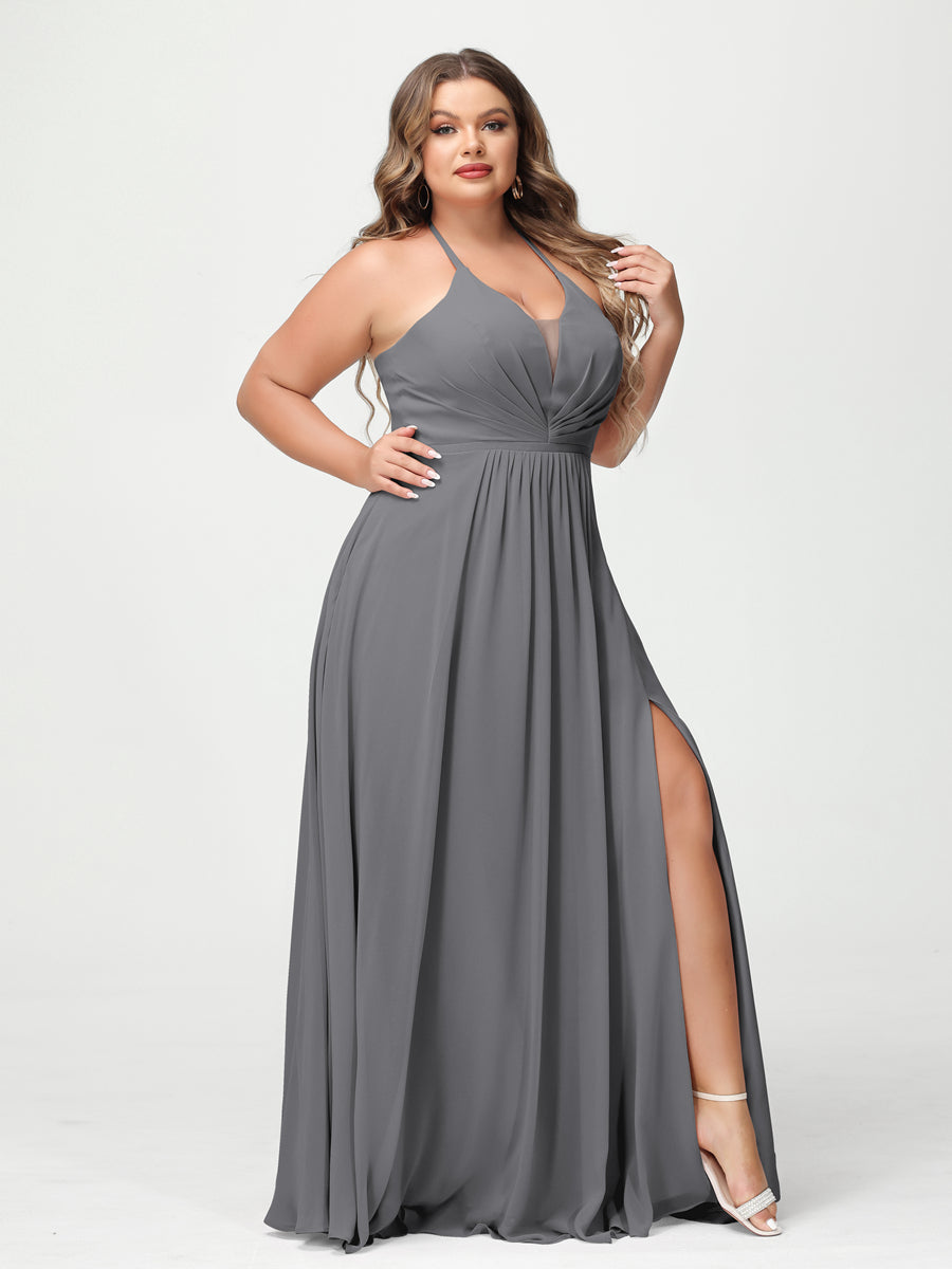 A-Line/Princess Halter Sleeveless Chiffon Ruched Split Side Plus Size Bridesmaid Dresses with Pockets Gray