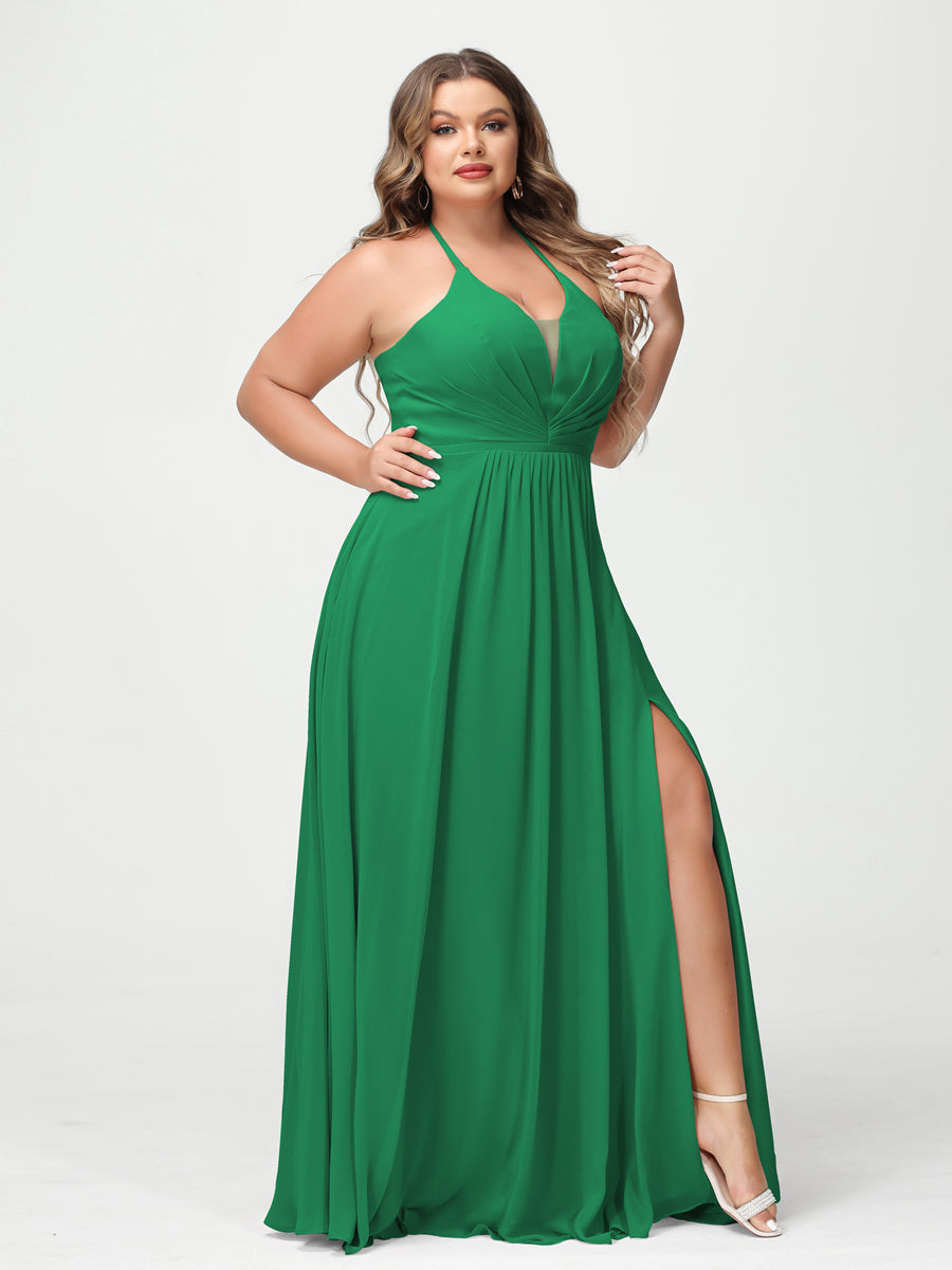 A-Line/Princess Halter Sleeveless Chiffon Ruched Split Side Plus Size Bridesmaid Dresses with Pockets Green