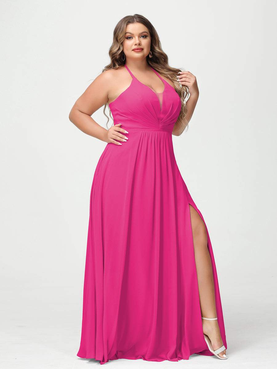 A-Line/Princess Halter Sleeveless Chiffon Ruched Split Side Plus Size Bridesmaid Dresses with Pockets Hot Pink