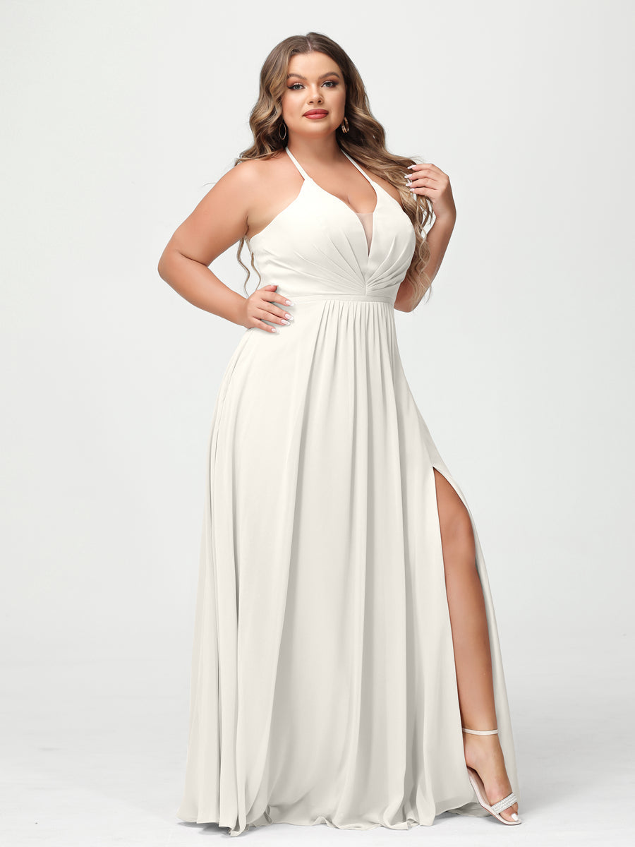 A-Line/Princess Halter Sleeveless Chiffon Ruched Split Side Plus Size Bridesmaid Dresses with Pockets Ivory