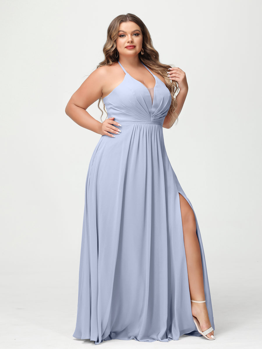A-Line/Princess Halter Sleeveless Chiffon Ruched Split Side Plus Size Bridesmaid Dresses with Pockets Lavender