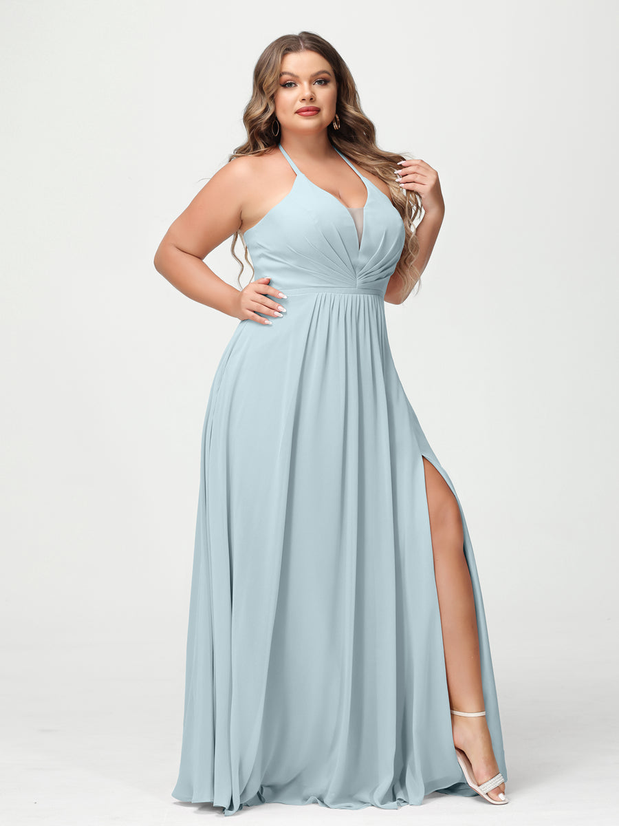 A-Line/Princess Halter Sleeveless Chiffon Ruched Split Side Plus Size Bridesmaid Dresses with Pockets Light Blue