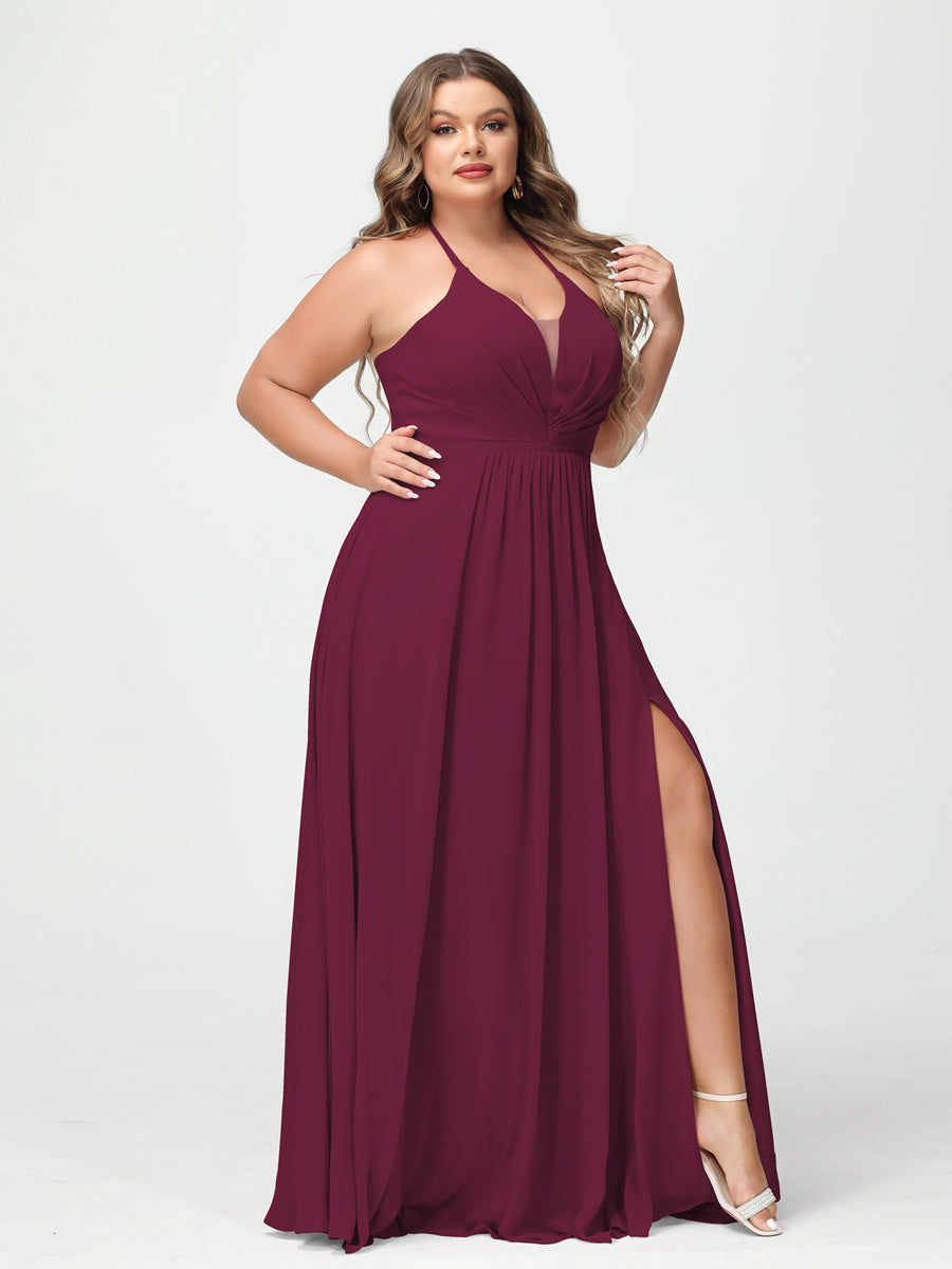 A-Line/Princess Halter Sleeveless Chiffon Ruched Split Side Plus Size Bridesmaid Dresses with Pockets Light Burgundy