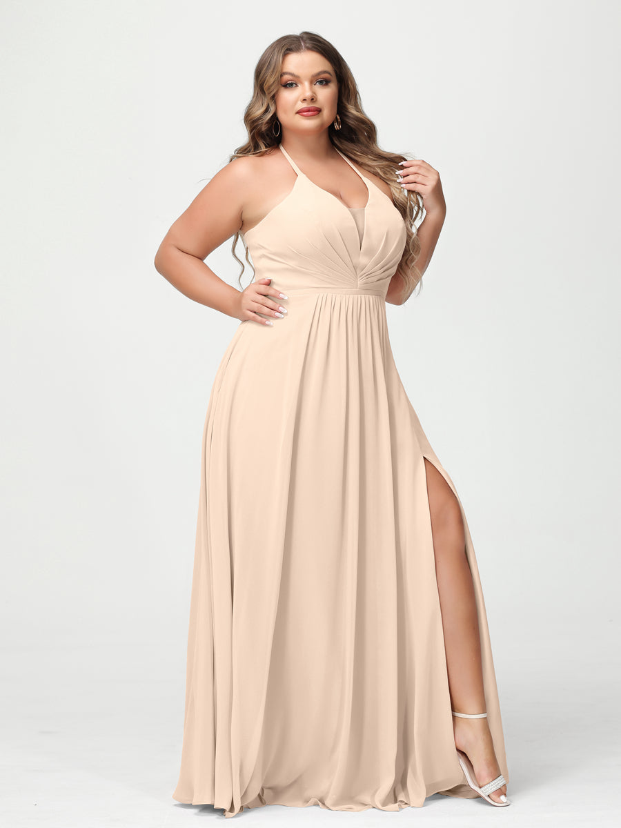 A-Line/Princess Halter Sleeveless Chiffon Ruched Split Side Plus Size Bridesmaid Dresses with Pockets Light Champagne