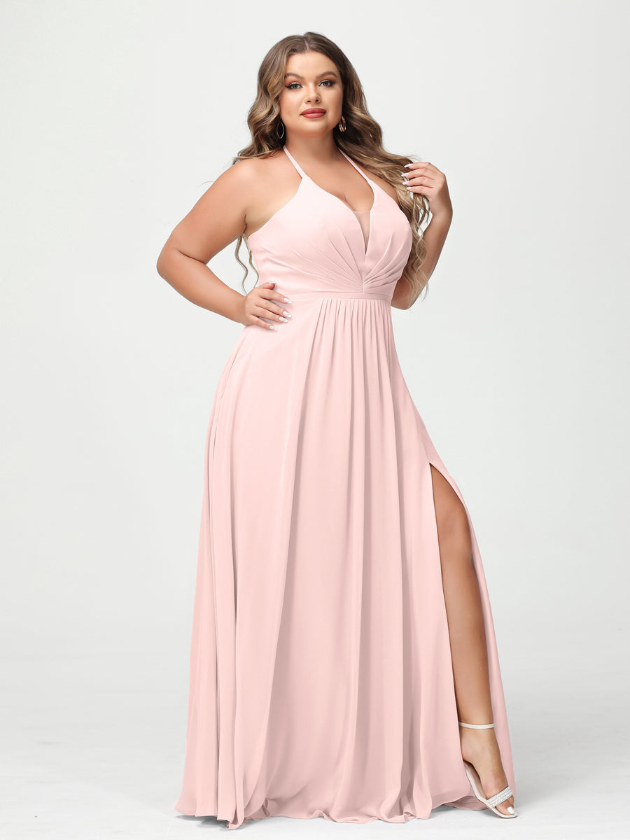 A-Line/Princess Halter Sleeveless Chiffon Ruched Split Side Plus Size Bridesmaid Dresses with Pockets Light Pink