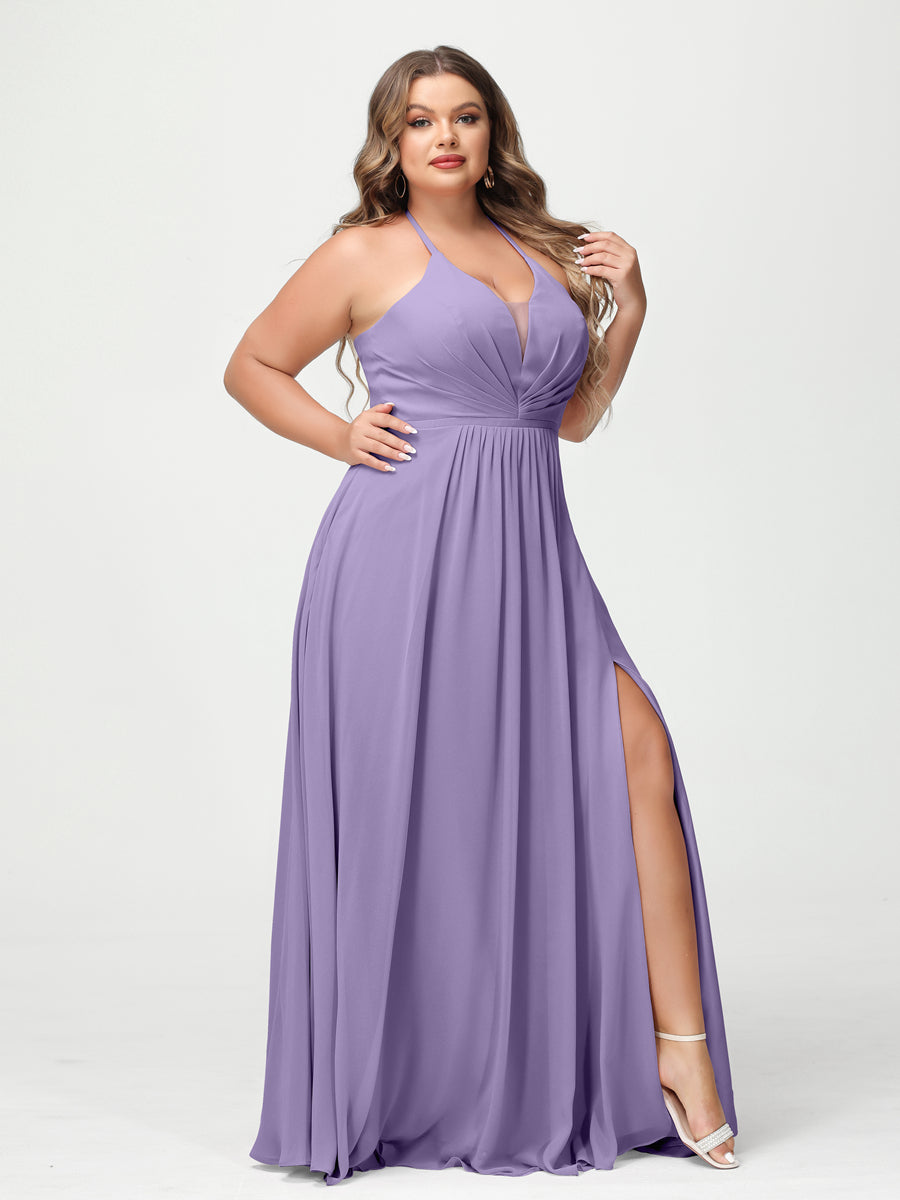 A-Line/Princess Halter Sleeveless Chiffon Ruched Split Side Plus Size Bridesmaid Dresses with Pockets Light Purple
