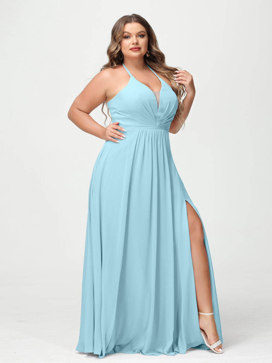 A-Line/Princess Halter Sleeveless Chiffon Ruched Split Side Plus Size Bridesmaid Dresses with Pockets Light Sky Blue