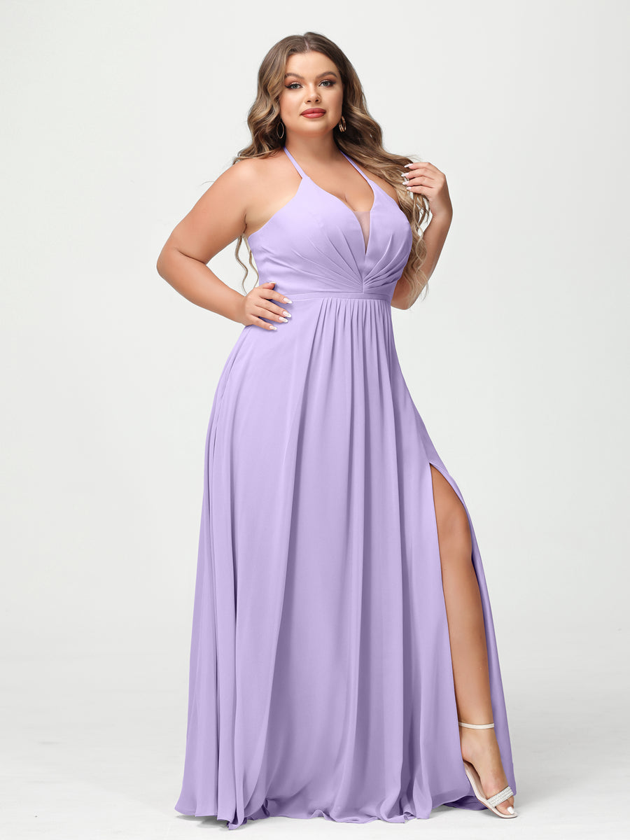 A-Line/Princess Halter Sleeveless Chiffon Ruched Split Side Plus Size Bridesmaid Dresses with Pockets Lilac