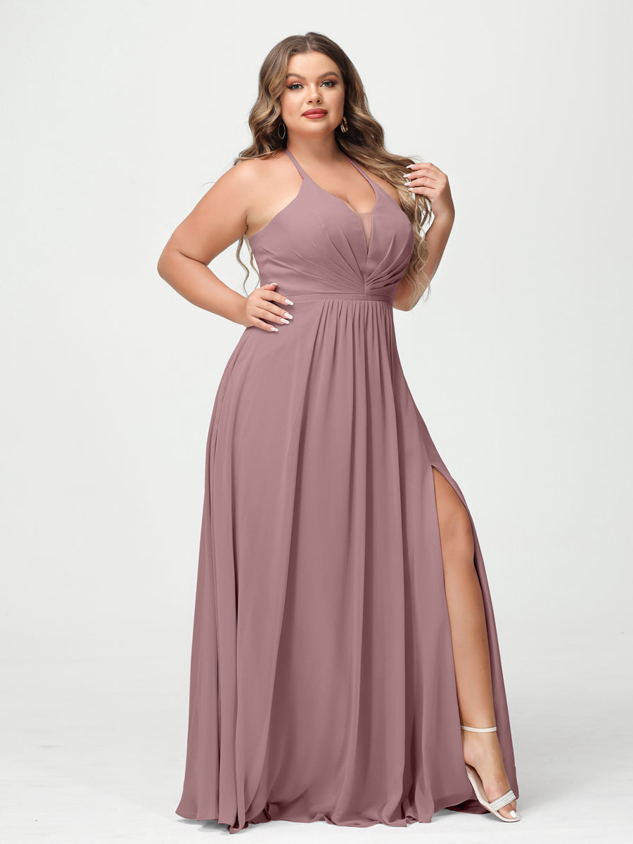 A-Line/Princess Halter Sleeveless Chiffon Ruched Split Side Plus Size Bridesmaid Dresses with Pockets Mauve