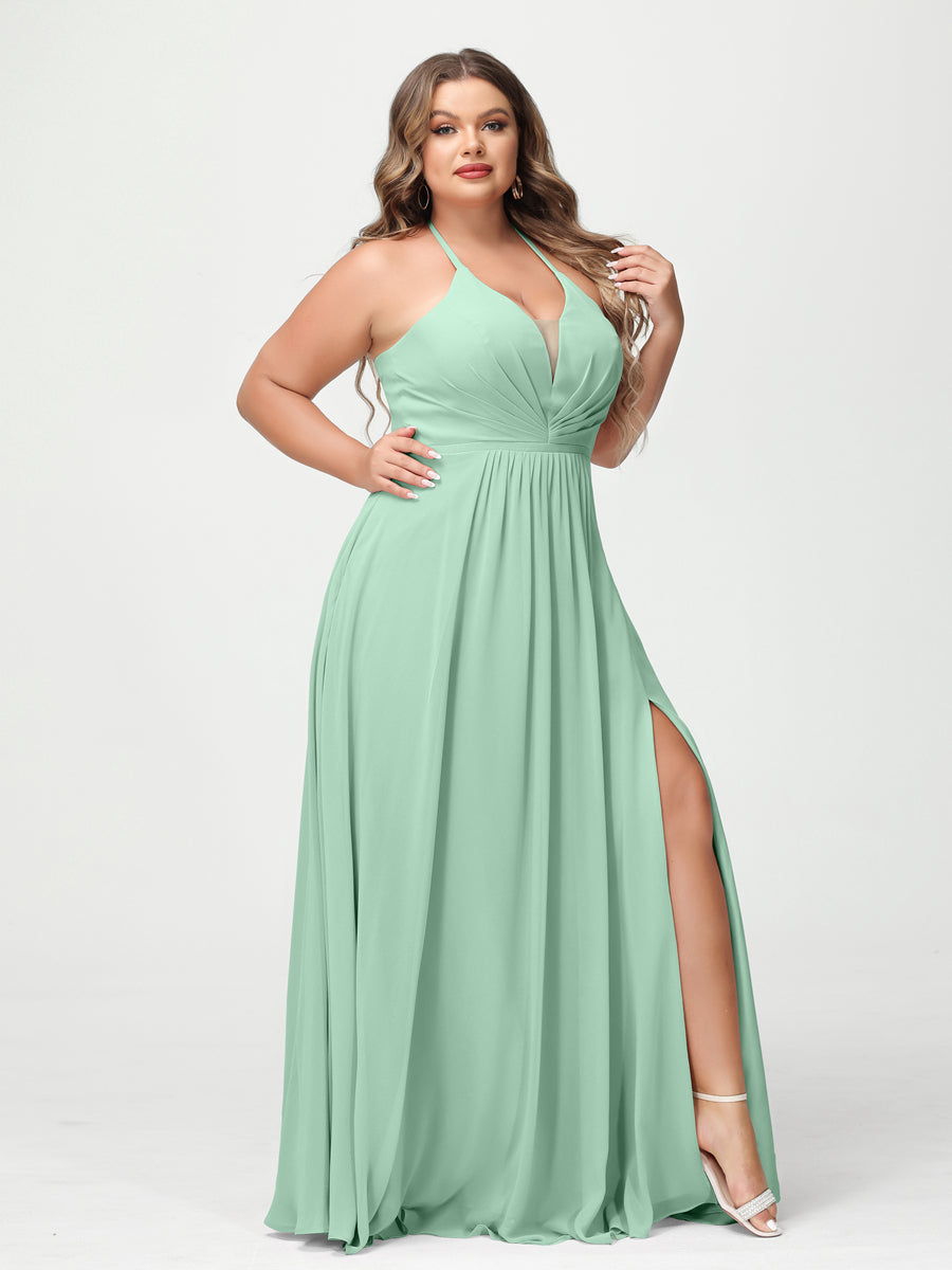 A-Line/Princess Halter Sleeveless Chiffon Ruched Split Side Plus Size Bridesmaid Dresses with Pockets Mint Green
