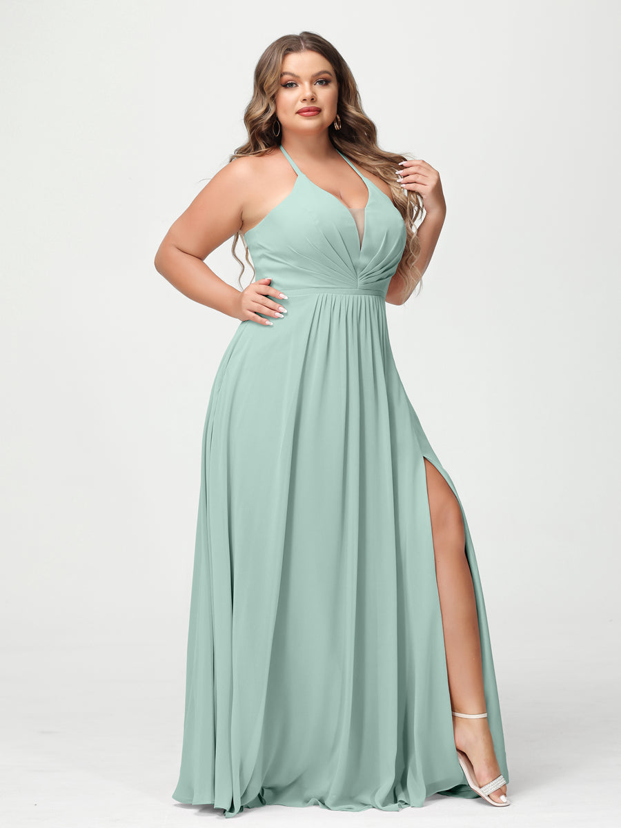 A-Line/Princess Halter Sleeveless Chiffon Ruched Split Side Plus Size Bridesmaid Dresses with Pockets Mist Blue