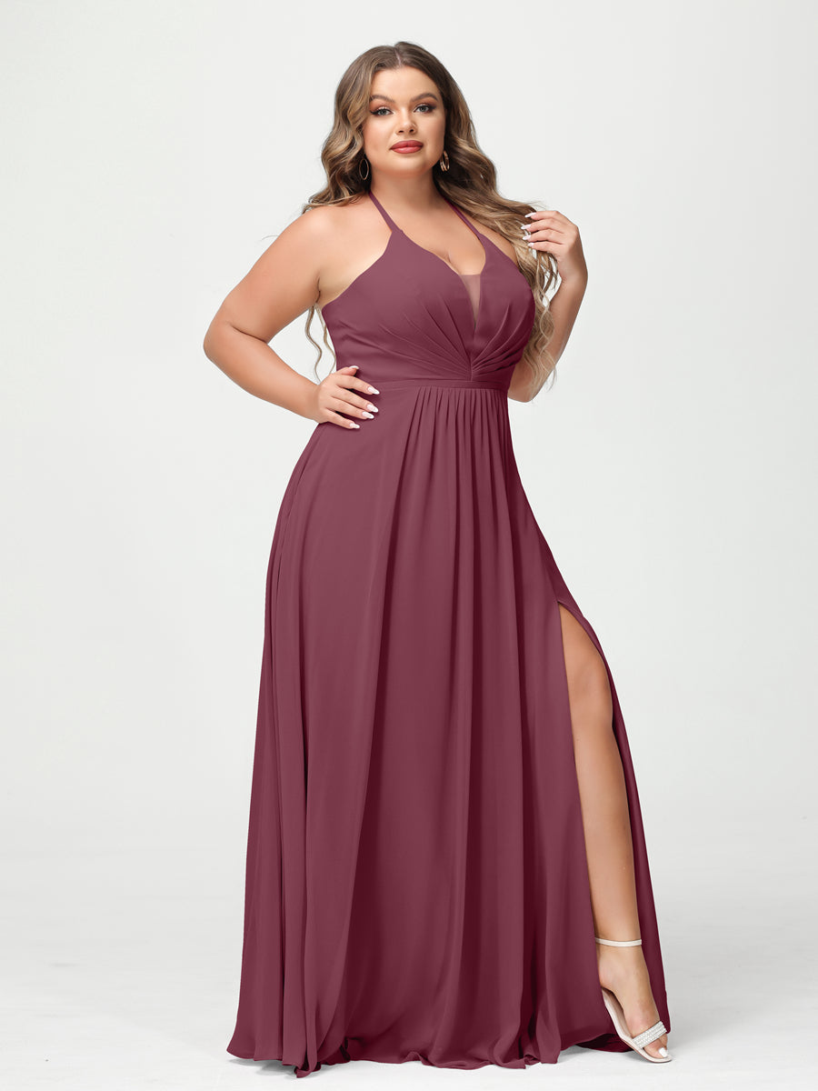 A-Line/Princess Halter Sleeveless Chiffon Ruched Split Side Plus Size Bridesmaid Dresses with Pockets Mulberry