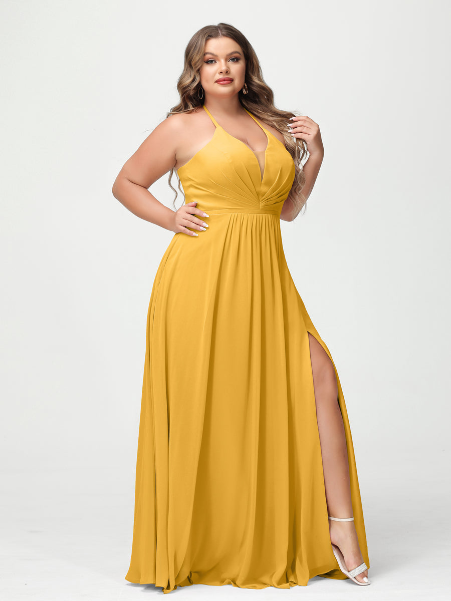 A-Line/Princess Halter Sleeveless Chiffon Ruched Split Side Plus Size Bridesmaid Dresses with Pockets Mustard Yellow