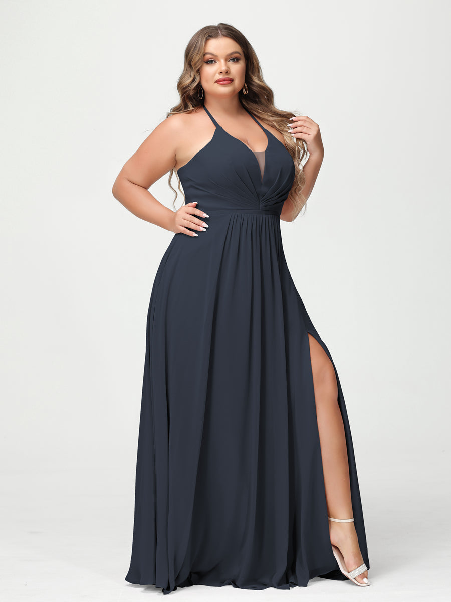 A-Line/Princess Halter Sleeveless Chiffon Ruched Split Side Plus Size Bridesmaid Dresses with Pockets Navy Blue