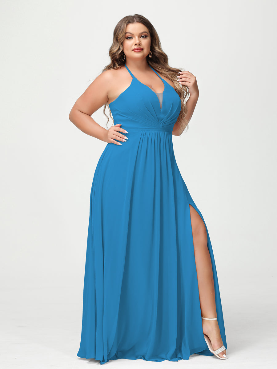 A-Line/Princess Halter Sleeveless Chiffon Ruched Split Side Plus Size Bridesmaid Dresses with Pockets Ocean Blue