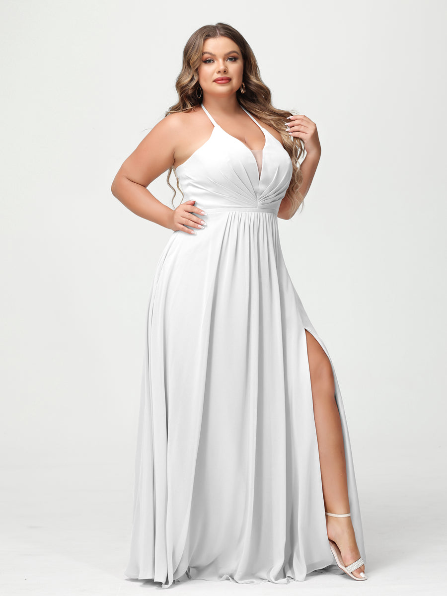 A-Line/Princess Halter Sleeveless Chiffon Ruched Split Side Plus Size Bridesmaid Dresses with Pockets Off White
