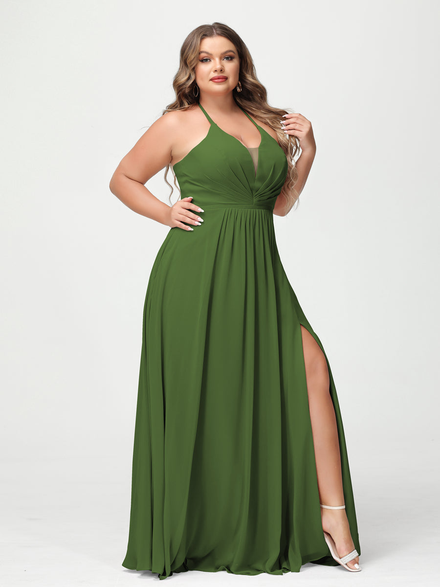 A-Line/Princess Halter Sleeveless Chiffon Ruched Split Side Plus Size Bridesmaid Dresses with Pockets Olive Green