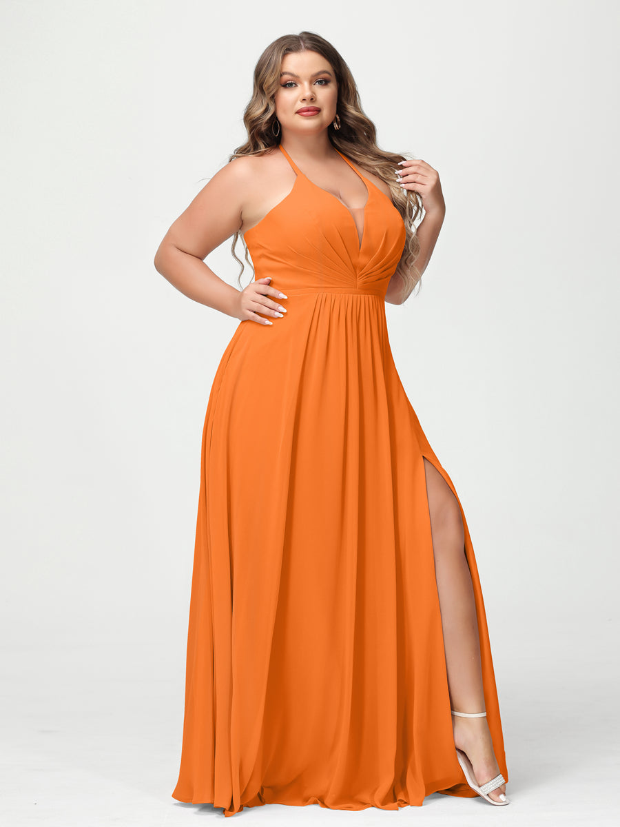 A-Line/Princess Halter Sleeveless Chiffon Ruched Split Side Plus Size Bridesmaid Dresses with Pockets Orange