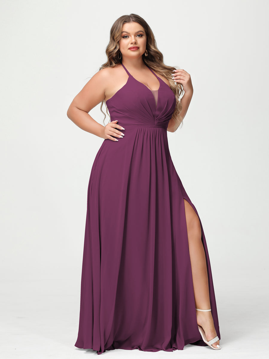 A-Line/Princess Halter Sleeveless Chiffon Ruched Split Side Plus Size Bridesmaid Dresses with Pockets Orchid
