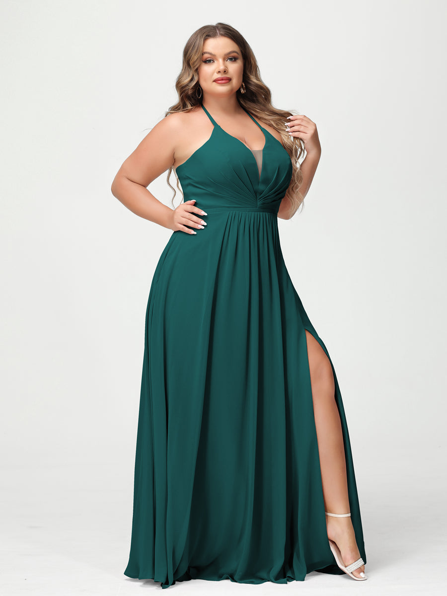 A-Line/Princess Halter Sleeveless Chiffon Ruched Split Side Plus Size Bridesmaid Dresses with Pockets Peacock
