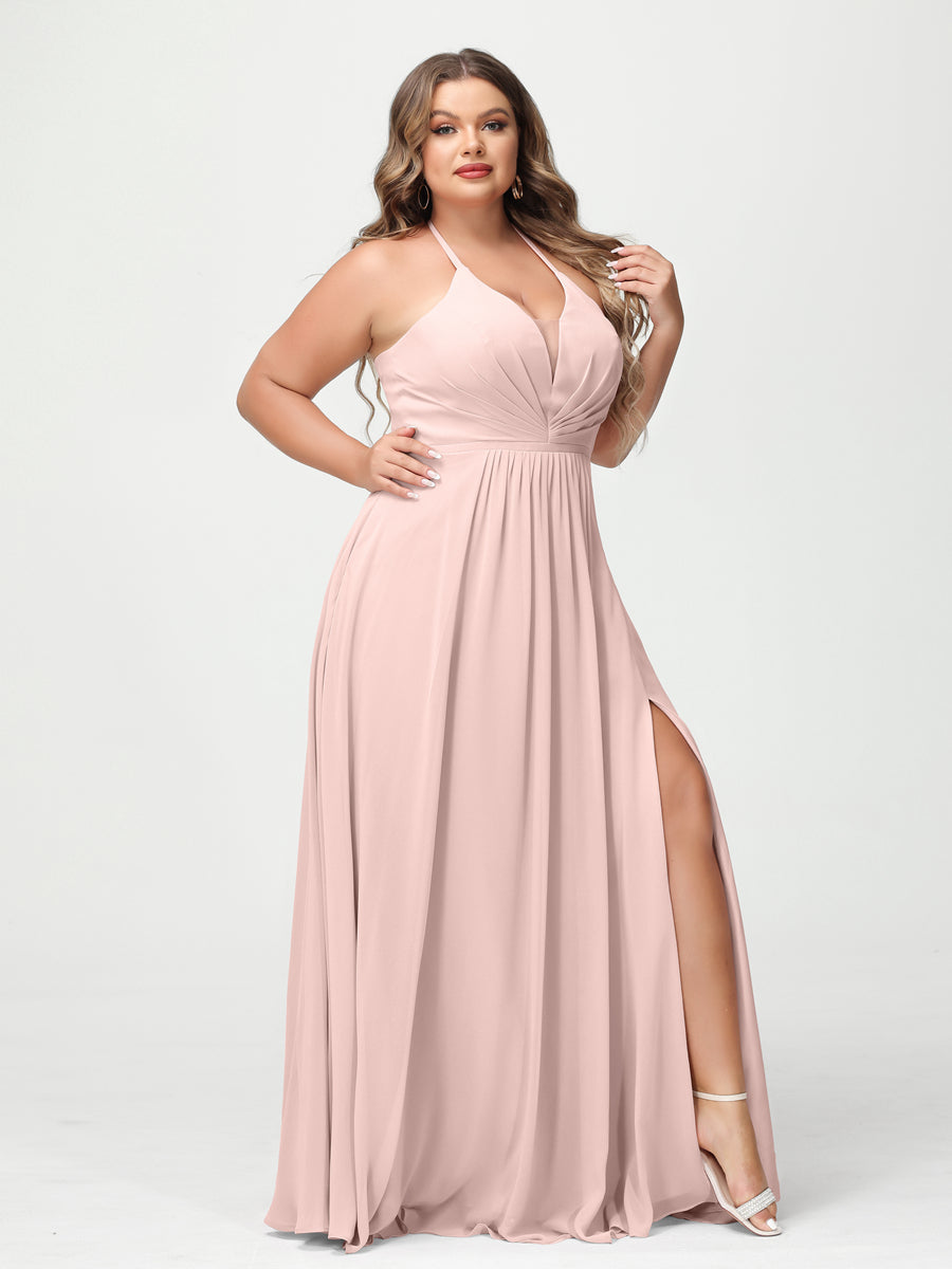 A-Line/Princess Halter Sleeveless Chiffon Ruched Split Side Plus Size Bridesmaid Dresses with Pockets Pearl Pink