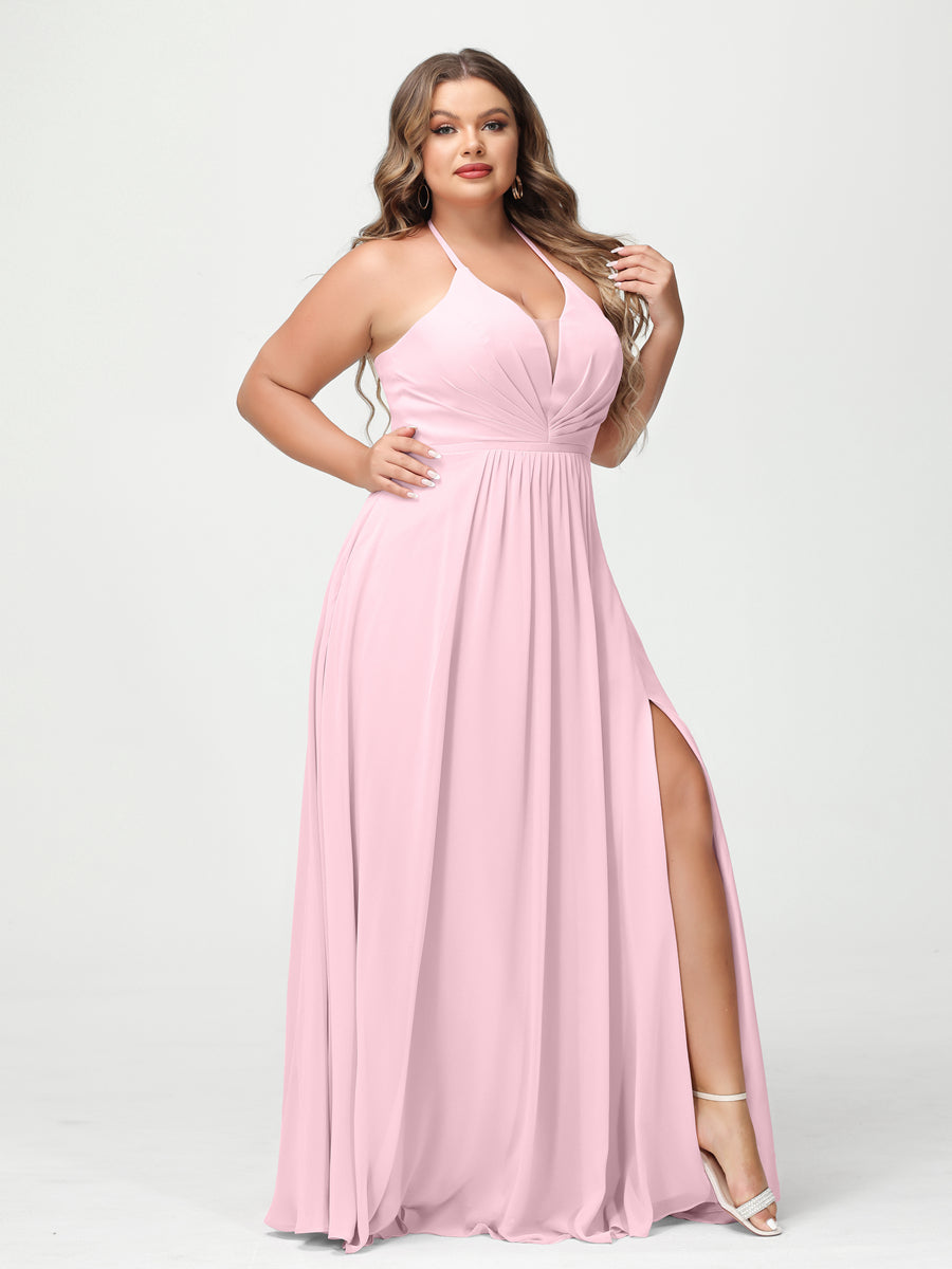 A-Line/Princess Halter Sleeveless Chiffon Ruched Split Side Plus Size Bridesmaid Dresses with Pockets Pink