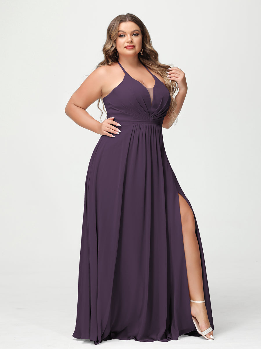 A-Line/Princess Halter Sleeveless Chiffon Ruched Split Side Plus Size Bridesmaid Dresses with Pockets Plum