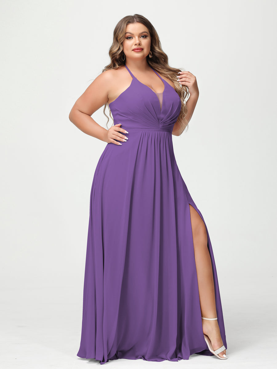 A-Line/Princess Halter Sleeveless Chiffon Ruched Split Side Plus Size Bridesmaid Dresses with Pockets Purple
