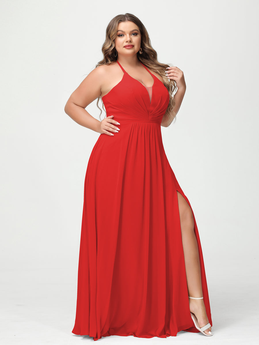 A-Line/Princess Halter Sleeveless Chiffon Ruched Split Side Plus Size Bridesmaid Dresses with Pockets Red