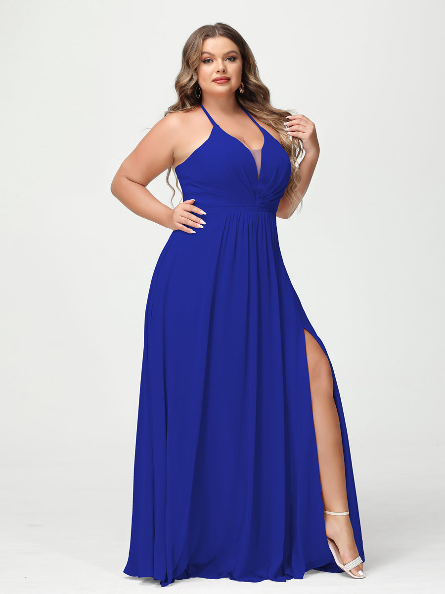 A-Line/Princess Halter Sleeveless Chiffon Ruched Split Side Plus Size Bridesmaid Dresses with Pockets Royal Blue