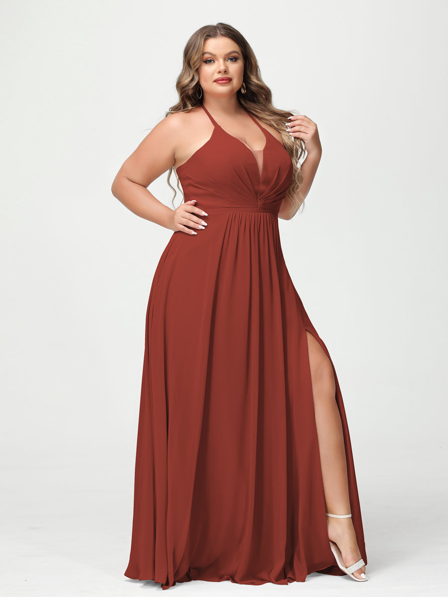A-Line/Princess Halter Sleeveless Chiffon Ruched Split Side Plus Size Bridesmaid Dresses with Pockets Rust