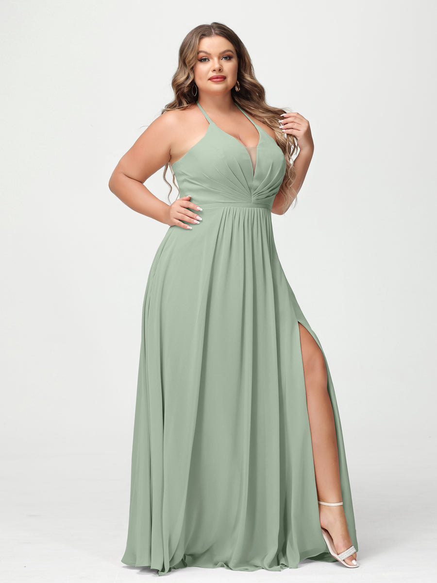 A-Line/Princess Halter Sleeveless Chiffon Ruched Split Side Plus Size Bridesmaid Dresses with Pockets Sage
