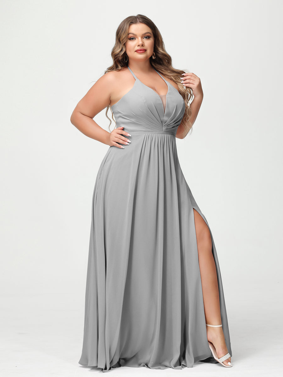 A-Line/Princess Halter Sleeveless Chiffon Ruched Split Side Plus Size Bridesmaid Dresses with Pockets Silver