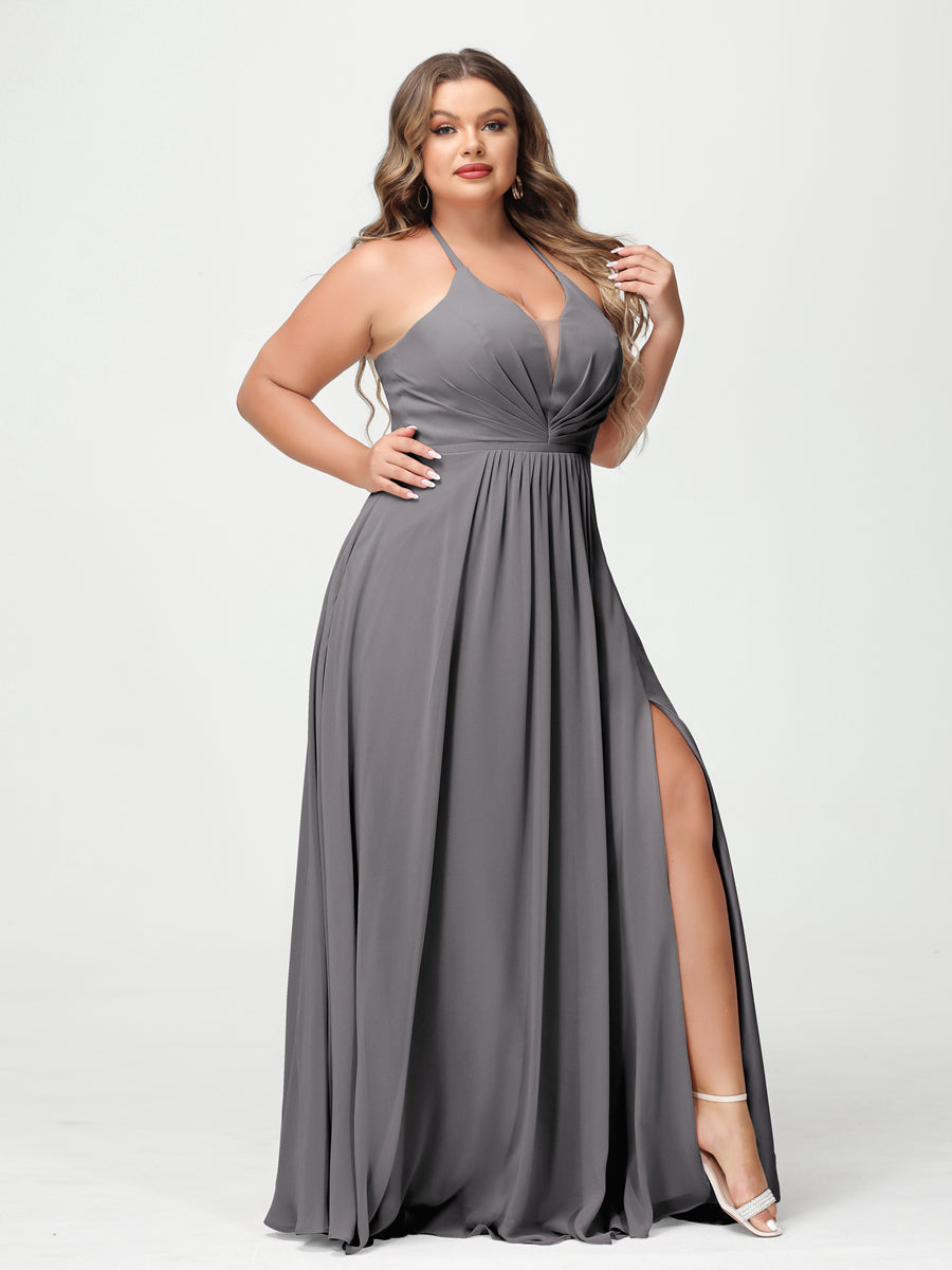 A-Line/Princess Halter Sleeveless Chiffon Ruched Split Side Plus Size Bridesmaid Dresses with Pockets Silver Gray