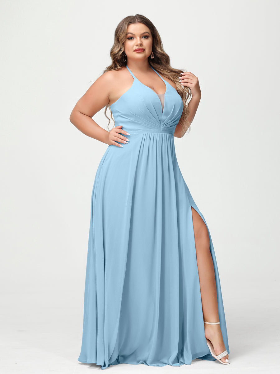 A-Line/Princess Halter Sleeveless Chiffon Ruched Split Side Plus Size Bridesmaid Dresses with Pockets Sky Blue