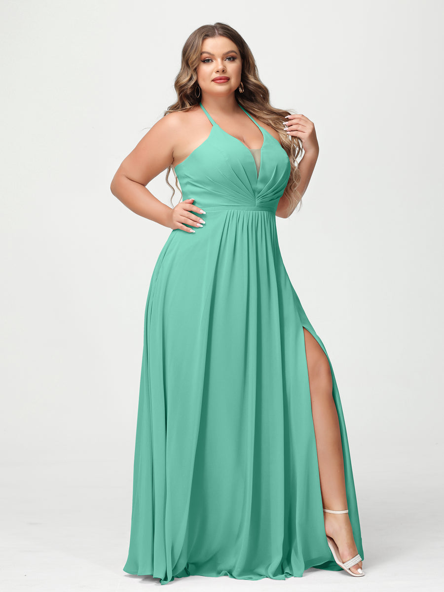 A-Line/Princess Halter Sleeveless Chiffon Ruched Split Side Plus Size Bridesmaid Dresses with Pockets Spa