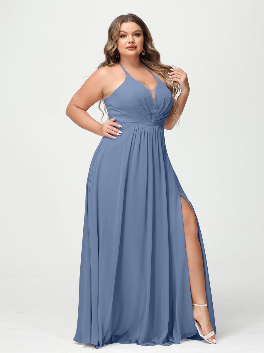 A-Line/Princess Halter Sleeveless Chiffon Ruched Split Side Plus Size Bridesmaid Dresses with Pockets Steel Blue