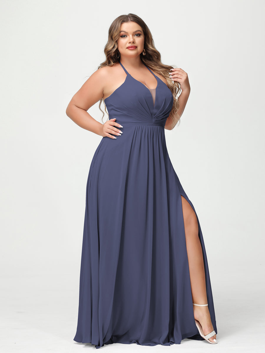 A-Line/Princess Halter Sleeveless Chiffon Ruched Split Side Plus Size Bridesmaid Dresses with Pockets Stormy Blue
